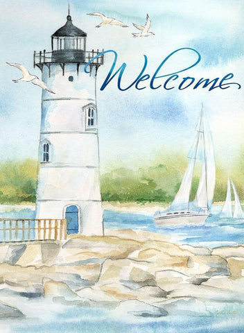 East Coast Lighthouse portrait I-Welcome White Modern Wood Framed Art Print with Double Matting by Coulter, Cynthia