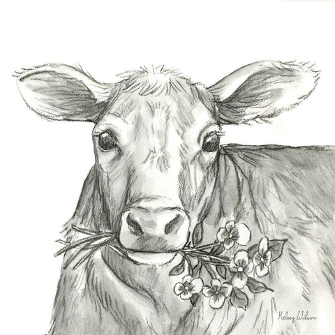 Watercolor  Pencil Farm VIII-Cow 2 Black Ornate Wood Framed Art Print with Double Matting by Wilson, Kelsey