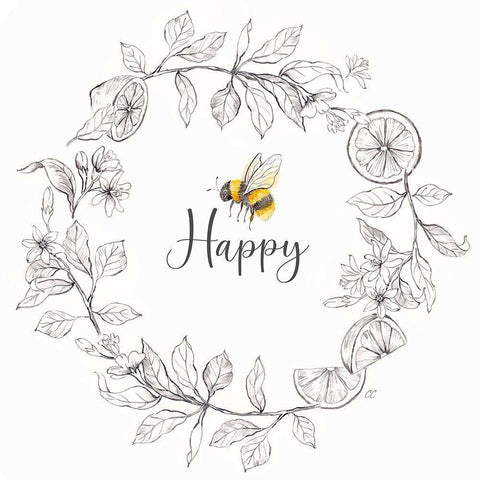 Bee  Sentiment Wreath I-Happy White Modern Wood Framed Art Print by Coulter, Cynthia