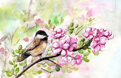 Spring  Chickadee and Apple Blossoms White Modern Wood Framed Art Print with Double Matting by Chapman, Marcy
