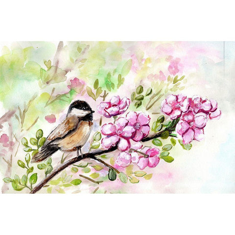 Spring  Chickadee and Apple Blossoms Black Modern Wood Framed Art Print with Double Matting by Chapman, Marcy