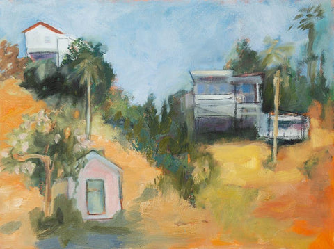 Pink House amid Palms White Modern Wood Framed Art Print with Double Matting by Marie, Susanne