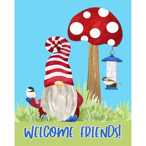 Gardening Gnomes Sentiment portrait IV-Welcome Friends White Modern Wood Framed Art Print by Reed, Tara