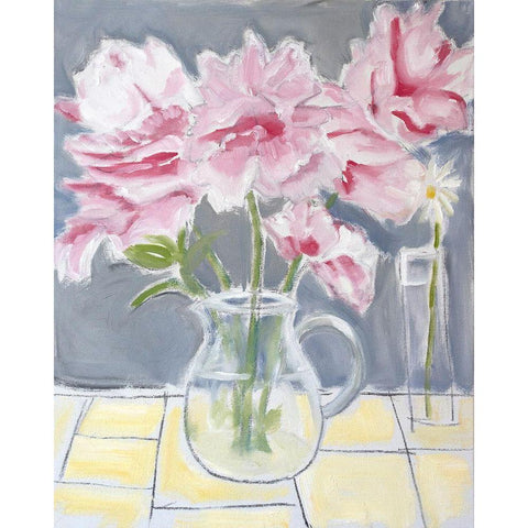 Peonies  And a Daisy Black Modern Wood Framed Art Print by Marie, Susanne