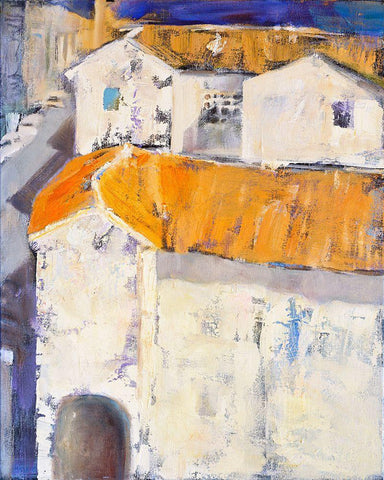 Village Rooftops White Modern Wood Framed Art Print with Double Matting by Marie, Susanne