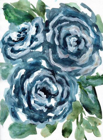 Gentle Roses Blue White Modern Wood Framed Art Print with Double Matting by Chapman, Marcy
