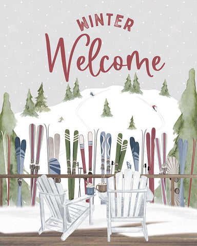 Winter Mountain Getaway portrait VII-Winter Welcome White Modern Wood Framed Art Print with Double Matting by Tara Reed