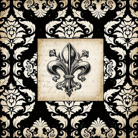 Fleur d Lis Damask I Black Ornate Wood Framed Art Print with Double Matting by Tre Sorelle Studios