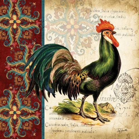 Suzani Rooster I Black Ornate Wood Framed Art Print with Double Matting by Tre Sorelle Studios