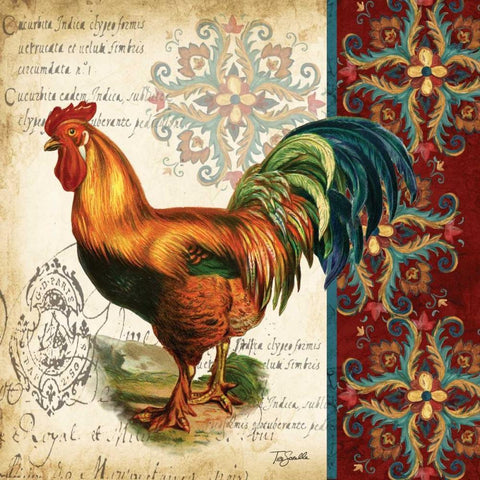 Suzani Rooster II Black Modern Wood Framed Art Print with Double Matting by Tre Sorelle Studios