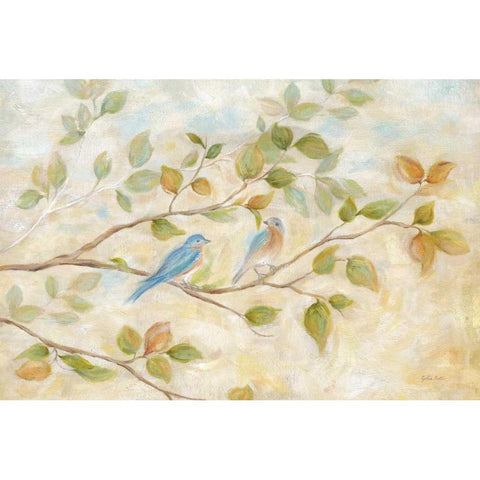 Blue Birds Branch White Modern Wood Framed Art Print by Coulter, Cynthia