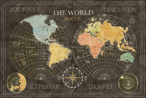 Old World Journey Map Black  Black Ornate Wood Framed Art Print with Double Matting by Coulter, Cynthia