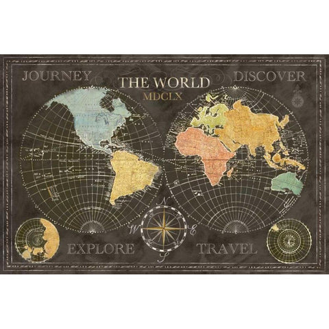 Old World Journey Map Black  Black Modern Wood Framed Art Print with Double Matting by Coulter, Cynthia