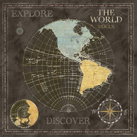 Old World Journey Map Black I  Black Ornate Wood Framed Art Print with Double Matting by Coulter, Cynthia