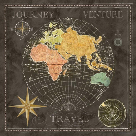 Old World Journey Map Black II  Black Modern Wood Framed Art Print with Double Matting by Coulter, Cynthia