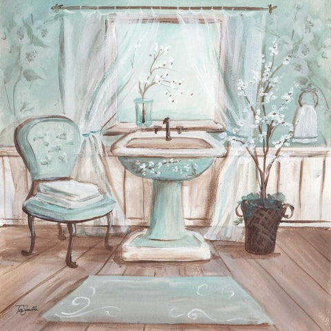 Aqua Blossom Bath I  White Modern Wood Framed Art Print with Double Matting by Tre Sorelle Studios