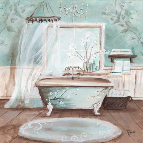 Aqua Blossom Bath II  Gold Ornate Wood Framed Art Print with Double Matting by Tre Sorelle Studios