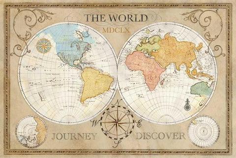 Old World Journey Map Black Ornate Wood Framed Art Print with Double Matting by Coulter, Cynthia