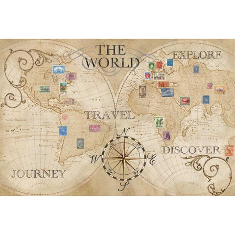 Old World Journey Map Stamps Black Modern Wood Framed Art Print with Double Matting by Coulter, Cynthia