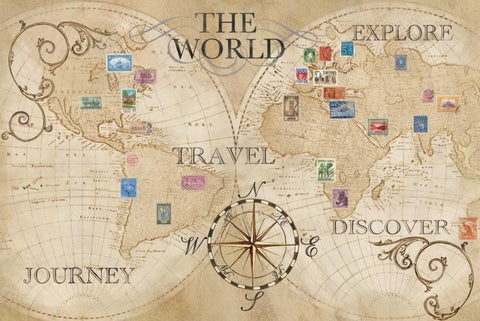 Old World Journey Map Stamps White Modern Wood Framed Art Print with Double Matting by Coulter, Cynthia