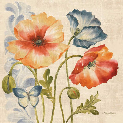 Watercolor Poppies Multi I Gold Ornate Wood Framed Art Print with Double Matting by Gladding, Pamela