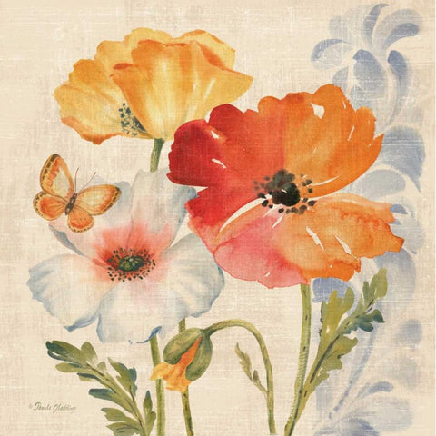 Watercolor Poppies Multi II White Modern Wood Framed Art Print with Double Matting by Gladding, Pamela