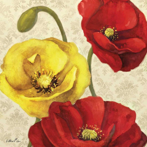 Red and Yellow Poppy Damask I White Modern Wood Framed Art Print by Milan, Vittorio