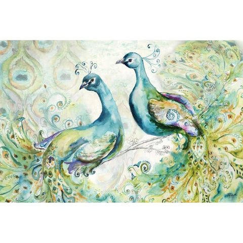 Bohemian Peacocks Landscape White Modern Wood Framed Art Print by Tre Sorelle Studios