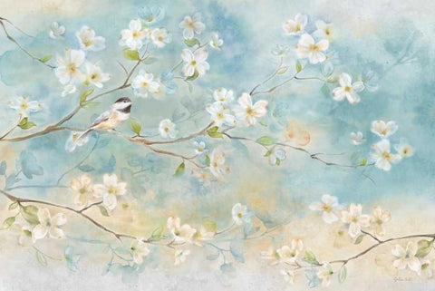 Dogwood Chickadee White Modern Wood Framed Art Print with Double Matting by Coulter, Cynthia