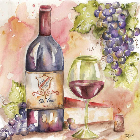 Watercolor Wine I Black Ornate Wood Framed Art Print with Double Matting by Tre Sorelle Studios