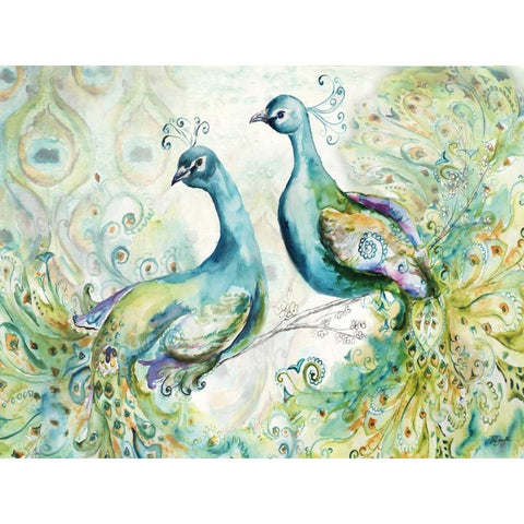 Bohemian Peacocks Landscape White Modern Wood Framed Art Print by Tre Sorelle Studios