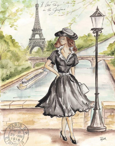 Springtime Paris Fashion I White Modern Wood Framed Art Print with Double Matting by Tre Sorelle Studios