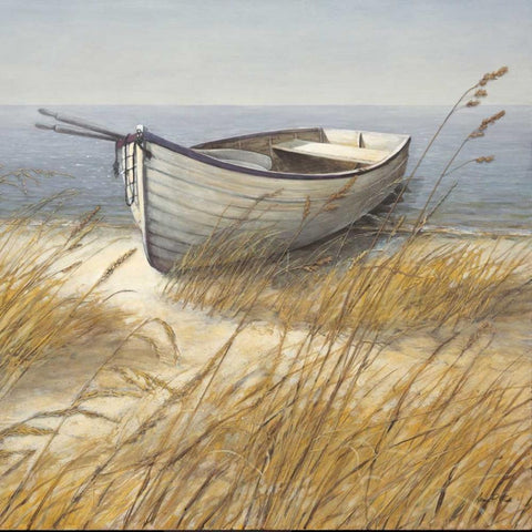 Shoreline Boat White Modern Wood Framed Art Print with Double Matting by Fisk, Arnie