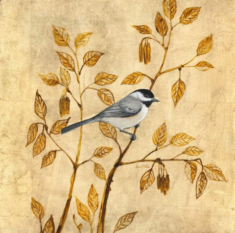 Golden Chickadee White Modern Wood Framed Art Print with Double Matting by Fisk, Arnie