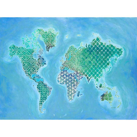 Global Patterned World Map White Modern Wood Framed Art Print by Fisk, Arnie