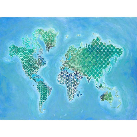 Global Patterned World Map Black Modern Wood Framed Art Print with Double Matting by Fisk, Arnie