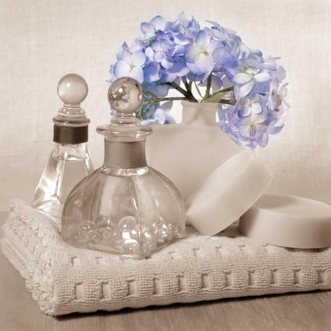 Hydrangea and Towel White Modern Wood Framed Art Print with Double Matting by Greenwood, Julie