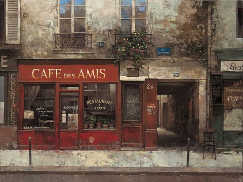 Cafe Des Amis Black Ornate Wood Framed Art Print with Double Matting by Hak, Chiu Tak