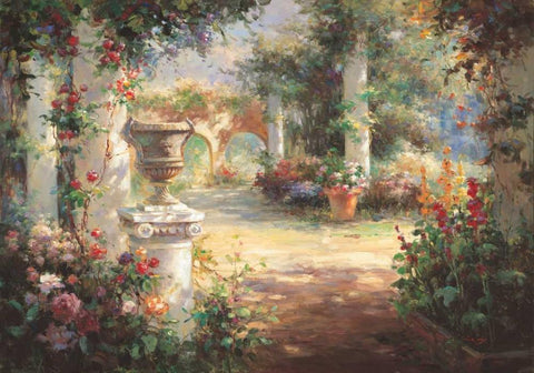 Sunlit Countyard Black Ornate Wood Framed Art Print with Double Matting by Oxley, Vail