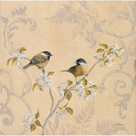 Chickadee and Pear Gold Ornate Wood Framed Art Print with Double Matting by McGannon, Jill Schultz