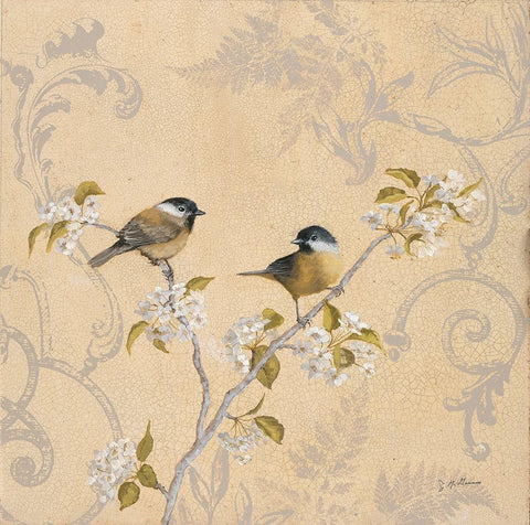 Chickadee and Pear Black Ornate Wood Framed Art Print with Double Matting by McGannon, Jill Schultz