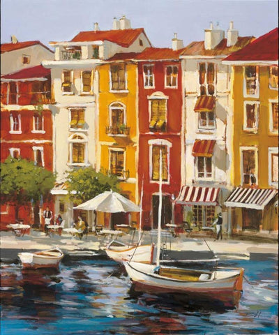 Mediterranean Waterfront I White Modern Wood Framed Art Print with Double Matting by Heighton, Brent