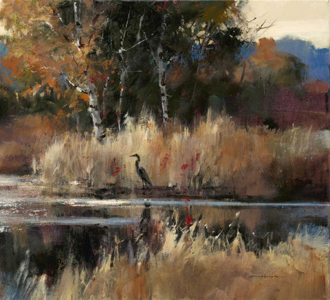 Heron Landscape 2 Black Ornate Wood Framed Art Print with Double Matting by Heighton, Brent