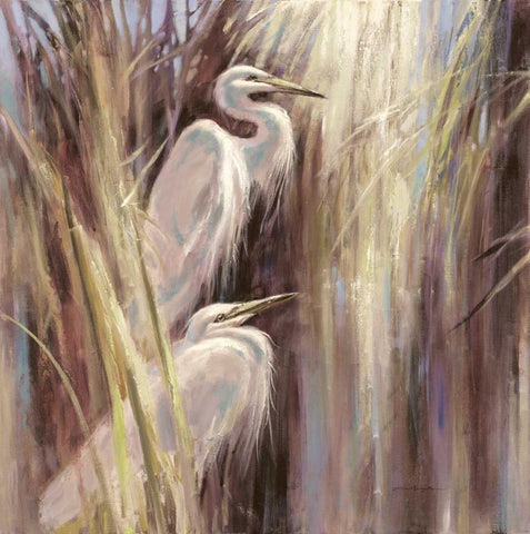 Seaside Egrets White Modern Wood Framed Art Print with Double Matting by Heighton, Brent