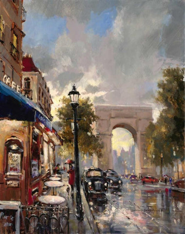 Arc De Triomphe Avenue Black Ornate Wood Framed Art Print with Double Matting by Heighton, Brent