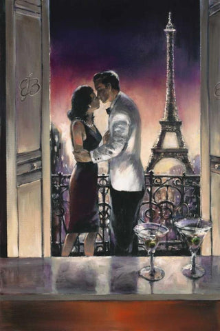 Paris Kiss White Modern Wood Framed Art Print with Double Matting by Heighton, Brent