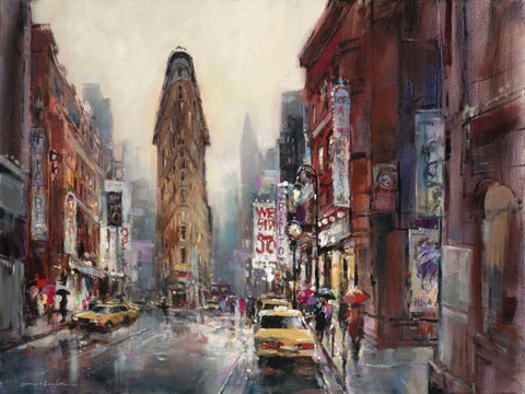 New York Rain Black Ornate Wood Framed Art Print with Double Matting by Heighton, Brent