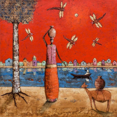 Dragonfly River White Modern Wood Framed Art Print with Double Matting by Rauscher, Michel