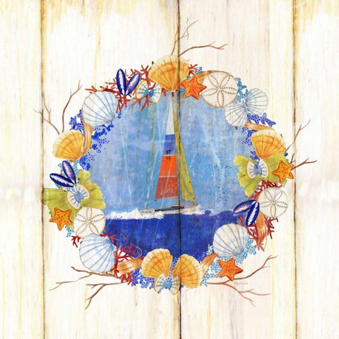 Coastal Sailboat Wreath White Modern Wood Framed Art Print with Double Matting by Escobedo, Mary