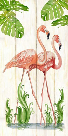 Flamingo Stroll 1 Black Ornate Wood Framed Art Print with Double Matting by Escobedo, Mary